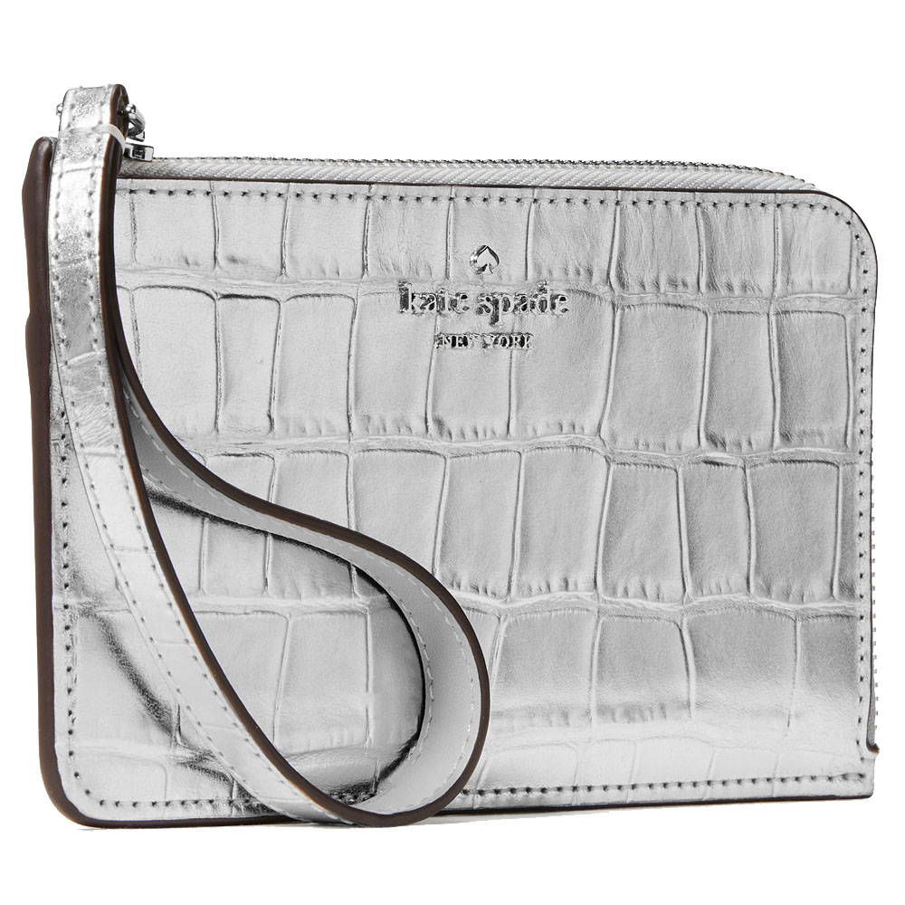 Kate Spade Lucy Croc Embossed Small L-Zip Card Holder Wristlet Silver # KM617
