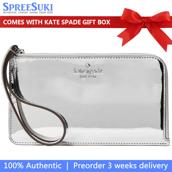 Kate Spade Lucy Mirror Metallic Medium L-Zip Wristlet Silver # KM615