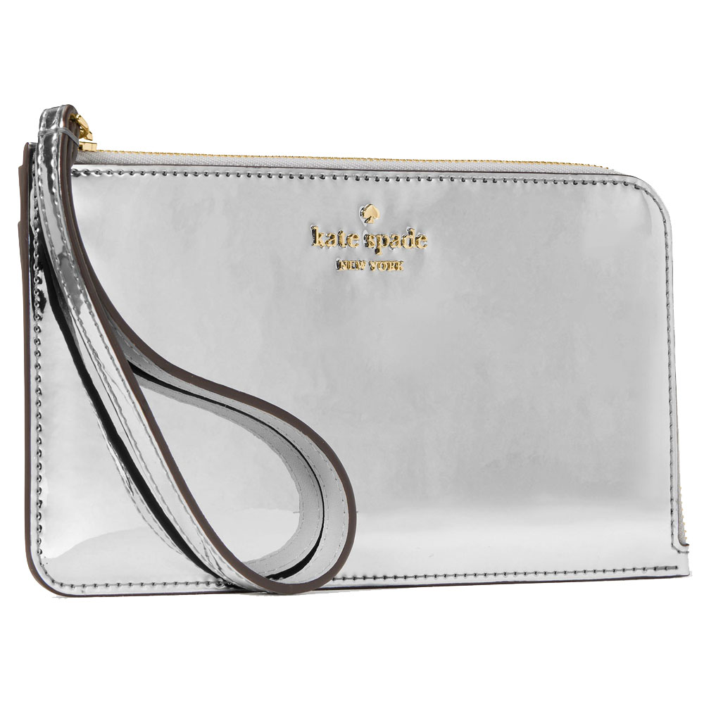 Kate Spade Lucy Mirror Metallic Medium L-Zip Wristlet Silver # KM615