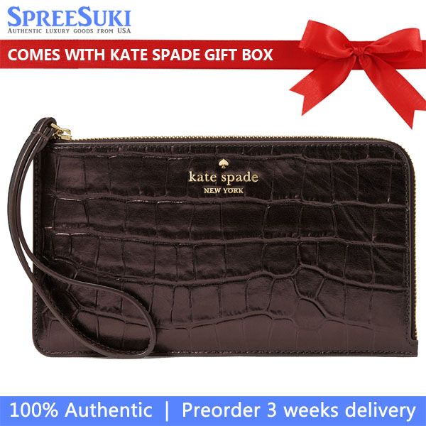 Kate Spade Lucy Croc Embossed Medium L-Zip Wristlet Hot Fudge # KM601