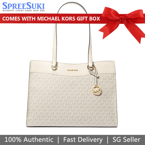 Michael Kors Jet Set Large Signature Logo Tote Bag Light Cream Multi # 35F4GTVT9B