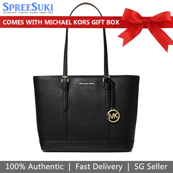 Michael Kors Jet Set Travel Small Saffiano Leather Top-Zip Tote Bag Shoulder Bag Black # 35S0GTVT1L