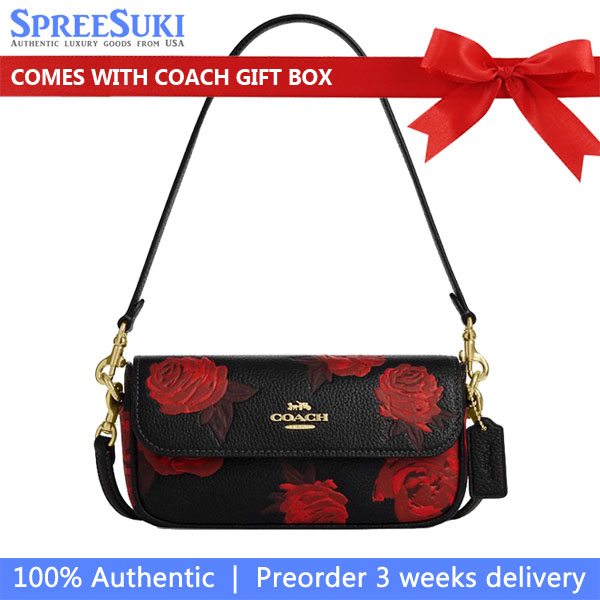 Coach Hailey Flap Bag With Floral Print Black Red # CCF74