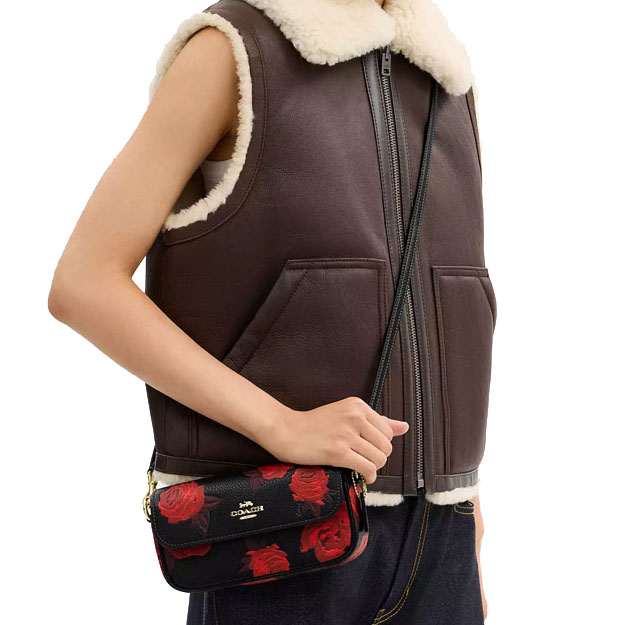 Coach Hailey Flap Bag With Floral Print Black Red # CCF74