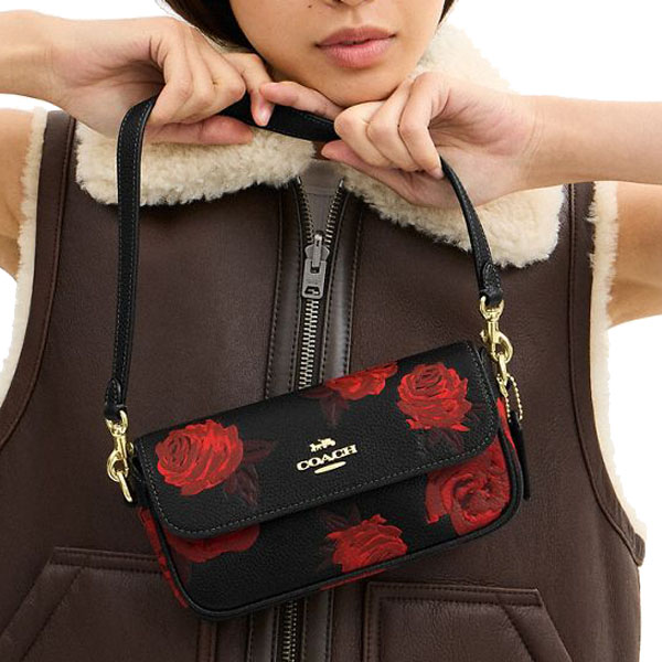 Coach Hailey Flap Bag With Floral Print Black Red # CCF74