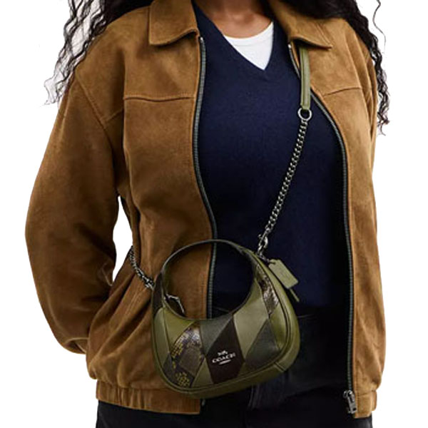 Coach Carmen Mini Crossbody Bag With Patchwork Gunmetal Olive Multi # CCE64