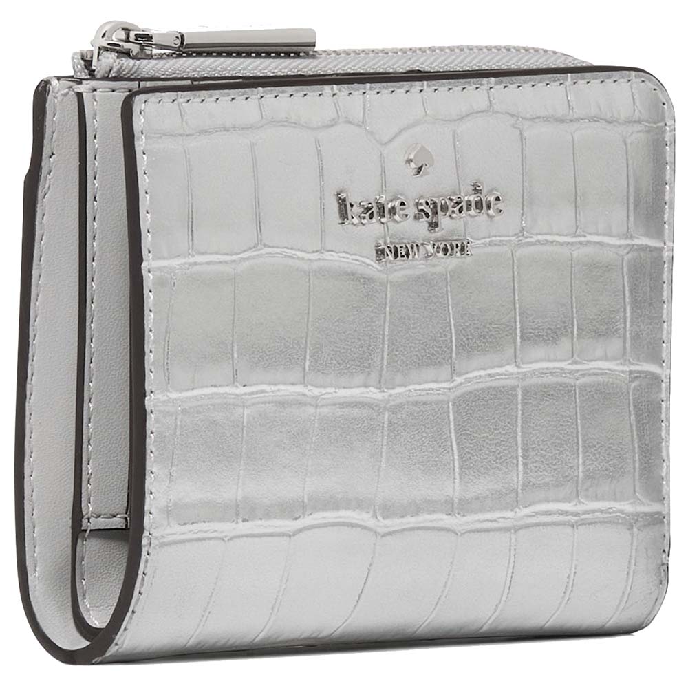 Kate Spade Madison Croc Embossed Small L-Zip Wallet Silver # KM622
