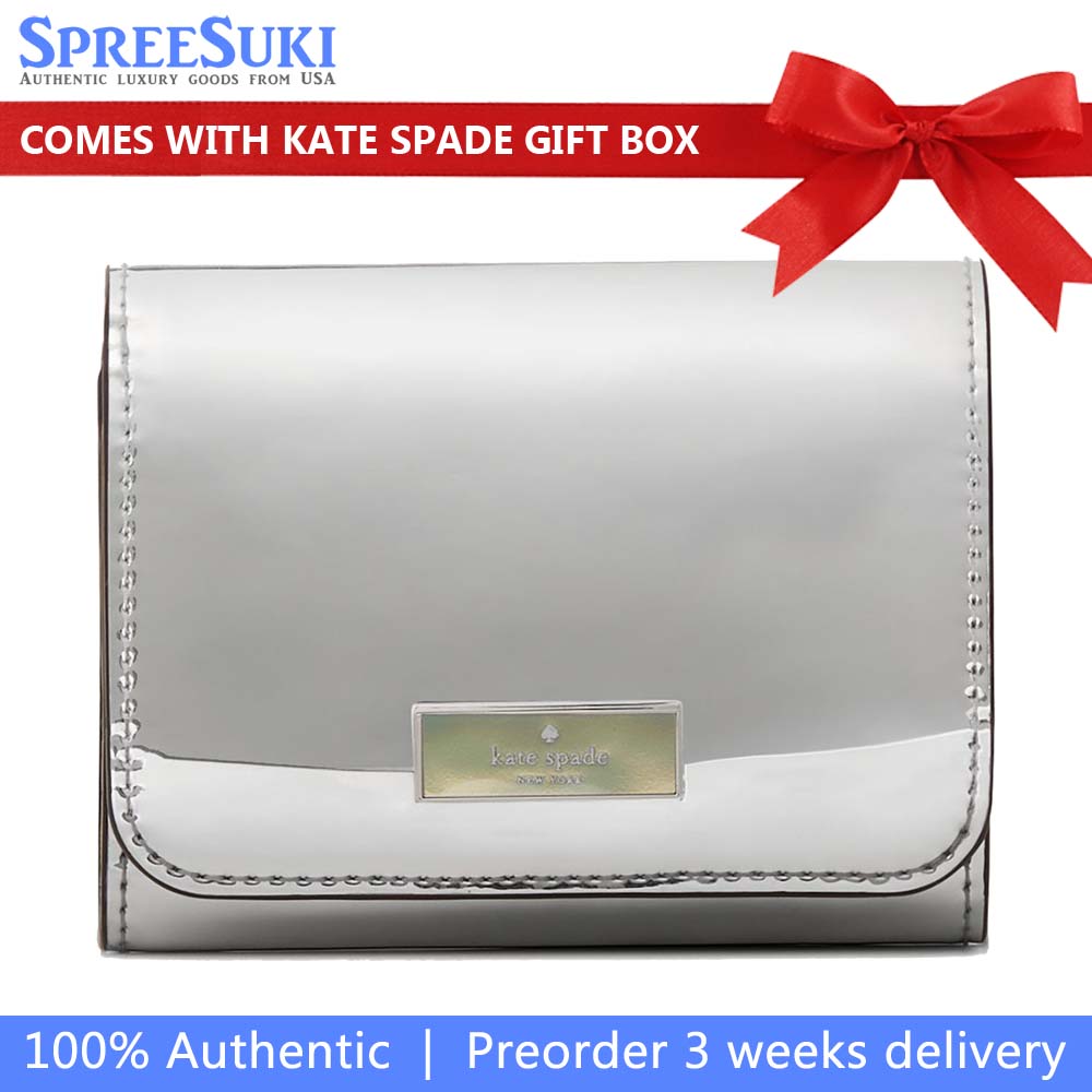 Kate Spade Bridget Mirror Metallic Small L-Zip Wallet Silver # KM555