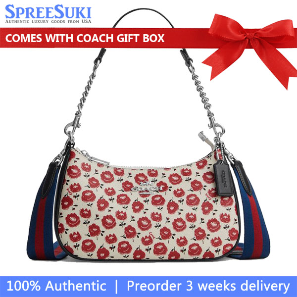 Coach Teri Shoulder Bag With Floral Print Silver Chalk Black Multi # CBI49
