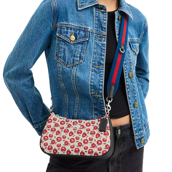 Coach Teri Shoulder Bag With Floral Print Silver Chalk Black Multi # CBI49
