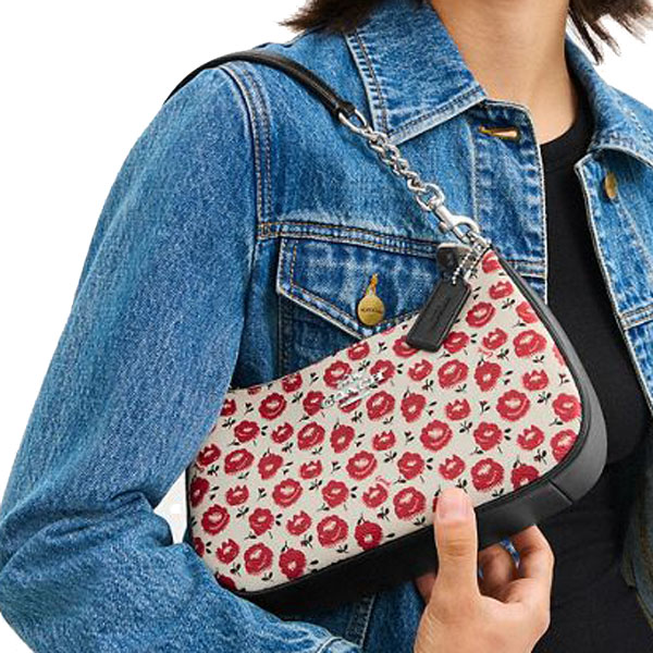 Coach Teri Shoulder Bag With Floral Print Silver Chalk Black Multi # CBI49