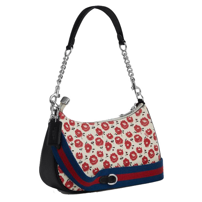 Coach Teri Shoulder Bag With Floral Print Silver Chalk Black Multi # CBI49