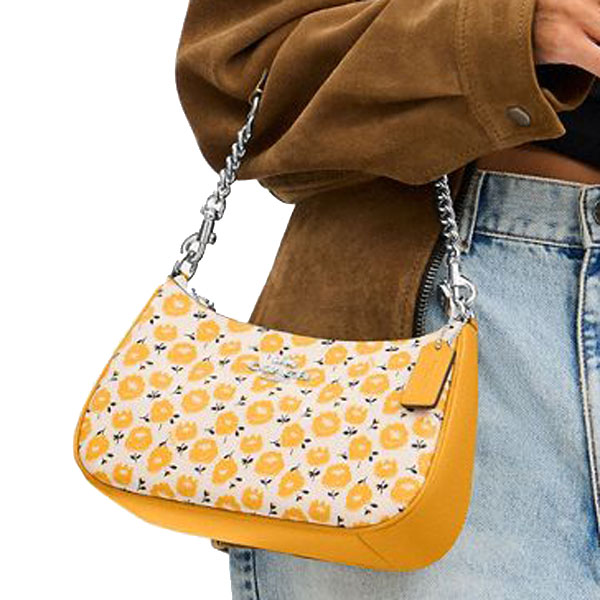 Coach Teri Shoulder Bag With Floral Print Silver Chalk Buttercup Multi # CBI49