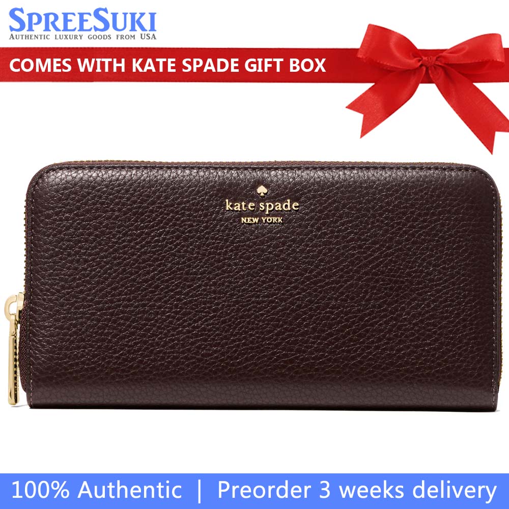 Kate Spade Long Wallet Lena Pebbled Leather Large Continental Wallet Zip Around Hot Fudge # KH786