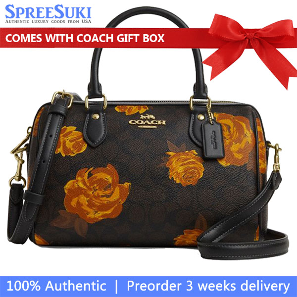 Coach Rowan Satchel Bag In Signature Canvas With Floral Print Walnut Black Multi # CCE30