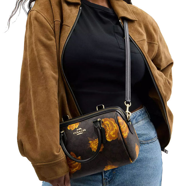 Coach Rowan Satchel Bag In Signature Canvas With Floral Print Walnut Black Multi # CCE30
