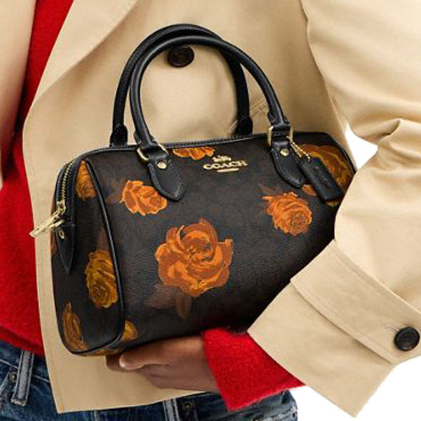 Coach Rowan Satchel Bag In Signature Canvas With Floral Print Walnut Black Multi # CCE30