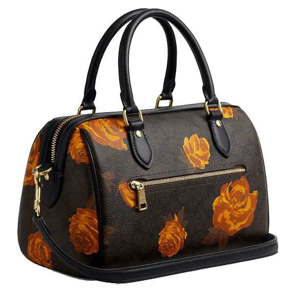 Coach Rowan Satchel Bag In Signature Canvas With Floral Print Walnut Black Multi # CCE30