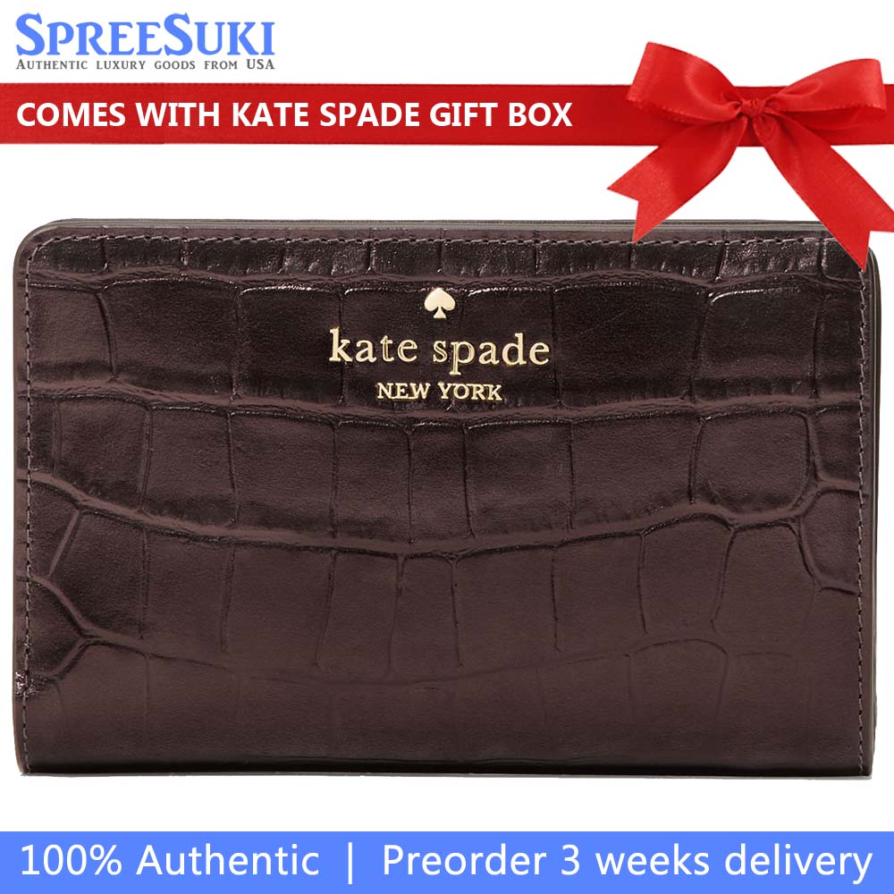 Kate Spade Madison Croc Embossed Medium Bifold Wallet Hot Fudge # KN223