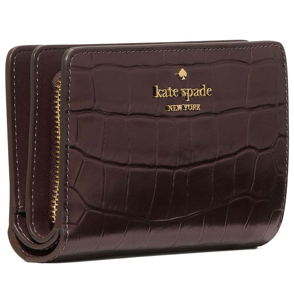 Kate Spade Madison Croc Embossed Medium Bifold Wallet Hot Fudge # KN223
