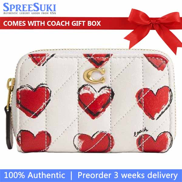 Coach Essential Small Zip Around Card Case With Quilting And Heart Print Chalk Multi # CBR71