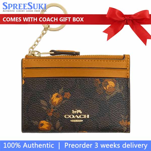 Coach Mini Skinny Id Case In Signature Canvas With Floral Print Walnut Yellow # CCV88
