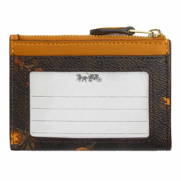 Coach Mini Skinny Id Case In Signature Canvas With Floral Print Walnut Yellow # CCV88