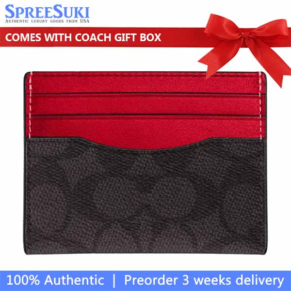 Coach Slim Id Card Case In Signature Canvas Walnut  Bold Red # CW366