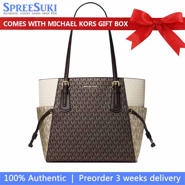 Michael Kors Voyager Large Color-Block Metallic Signature Logo Tote Bag Brown Dark Brown # 35F5GV6T7V