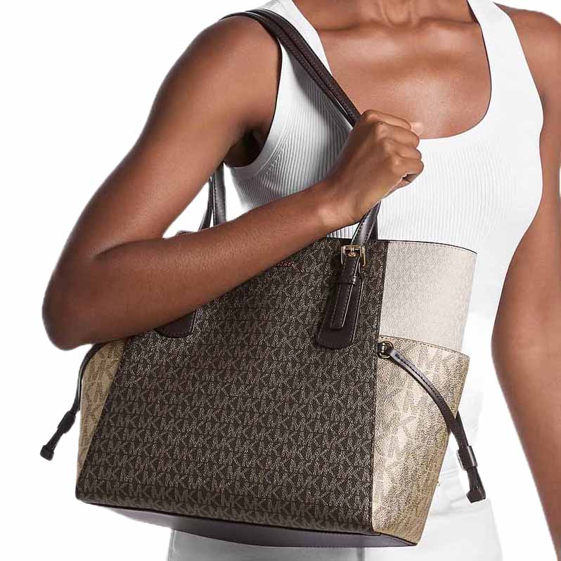 Michael Kors Voyager Large Color-Block Metallic Signature Logo Tote Bag Brown Dark Brown # 35F5GV6T7V