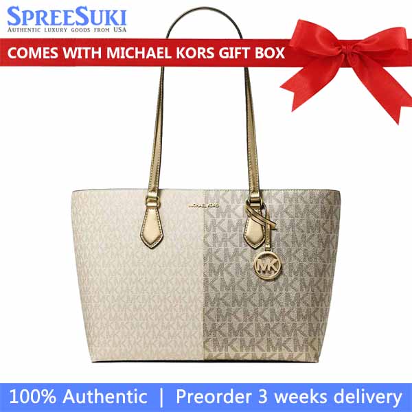 Michael Kors Sheila Large Metallic Two-Tone Signature Logo Tote Bag Pale Gold # 35F5G6HT9Y