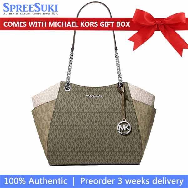 Michael Kors Jet Set Large Color-Block Signature Logo Shoulder Bag Olive Combo Dark Green # 35S5STVE3B