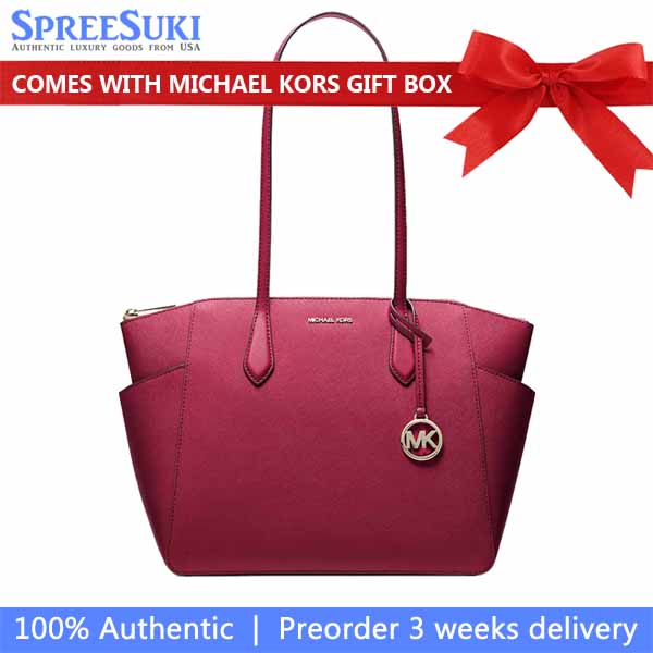 Michael Kors Marilyn Medium Saffiano Leather Tote Bag Cherry Dark Red # 35F5G6AT2L