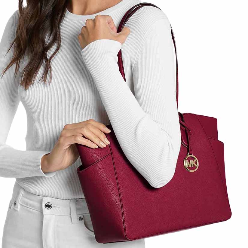 Michael Kors Marilyn Medium Saffiano Leather Tote Bag Cherry Dark Red # 35F5G6AT2L