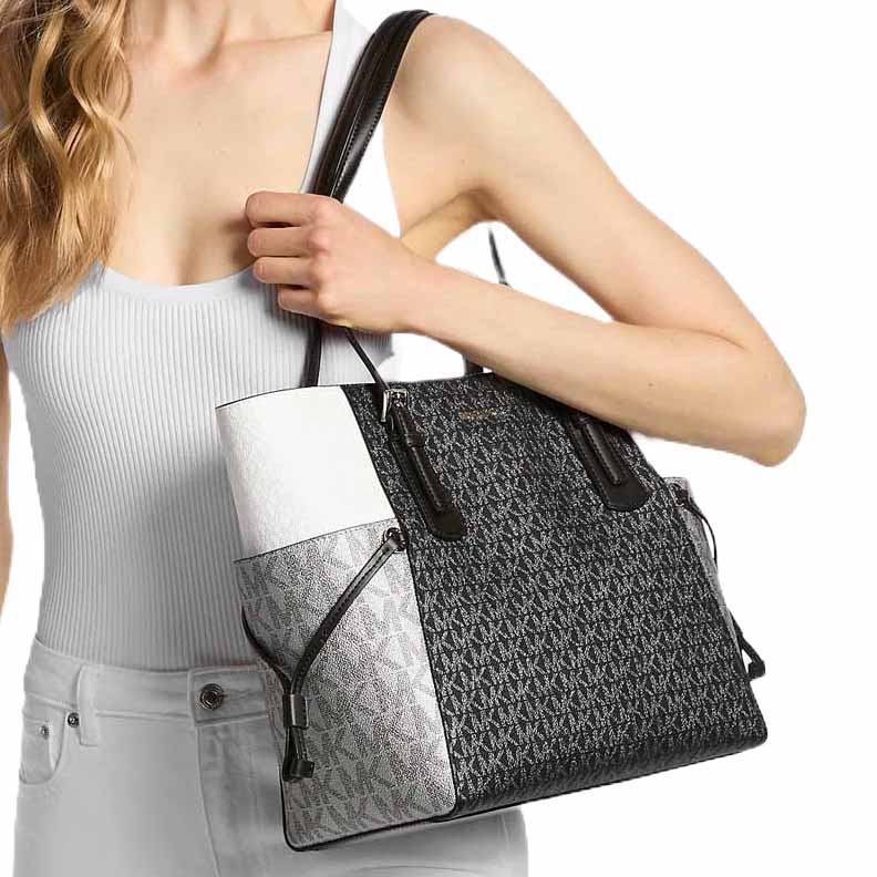 Michael Kors Voyager Large Color-Block Metallic Signature Logo Tote Bag Black # 35F5SV6T7V
