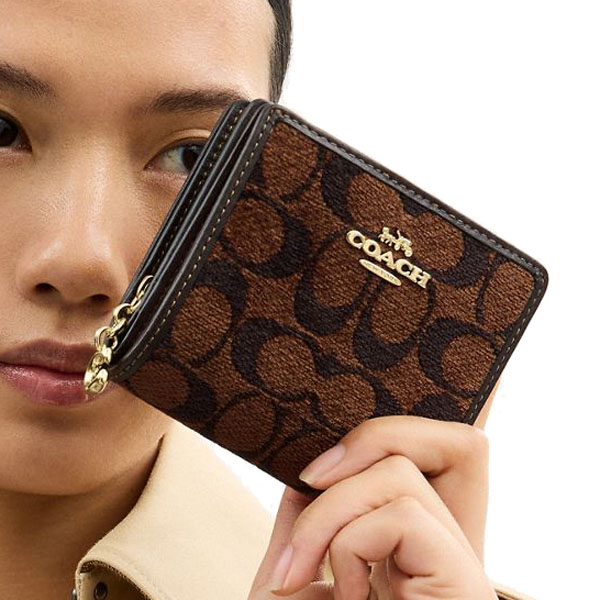 Coach Snap Wallet In Signature Chenille Gold Dark Brown # CCQ32