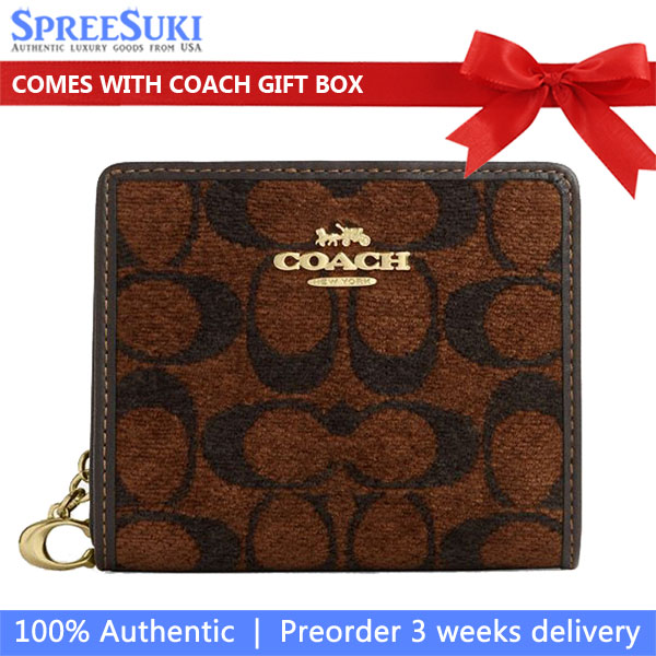 Coach Snap Wallet In Signature Chenille Gold Dark Brown # CCQ32