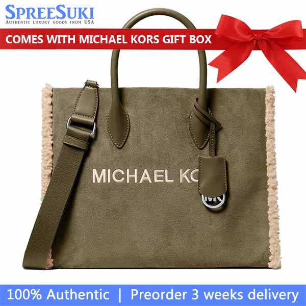 Michael Kors Mirella Medium Suede And Faux Shearling Tote Bag Olive Combo Dark Green # 35F5S7ZT2S