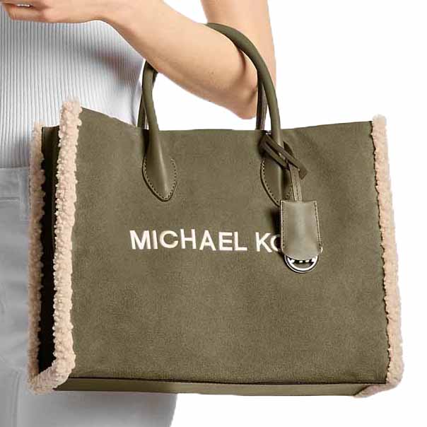 Michael Kors Mirella Medium Suede And Faux Shearling Tote Bag Olive Combo Dark Green # 35F5S7ZT2S