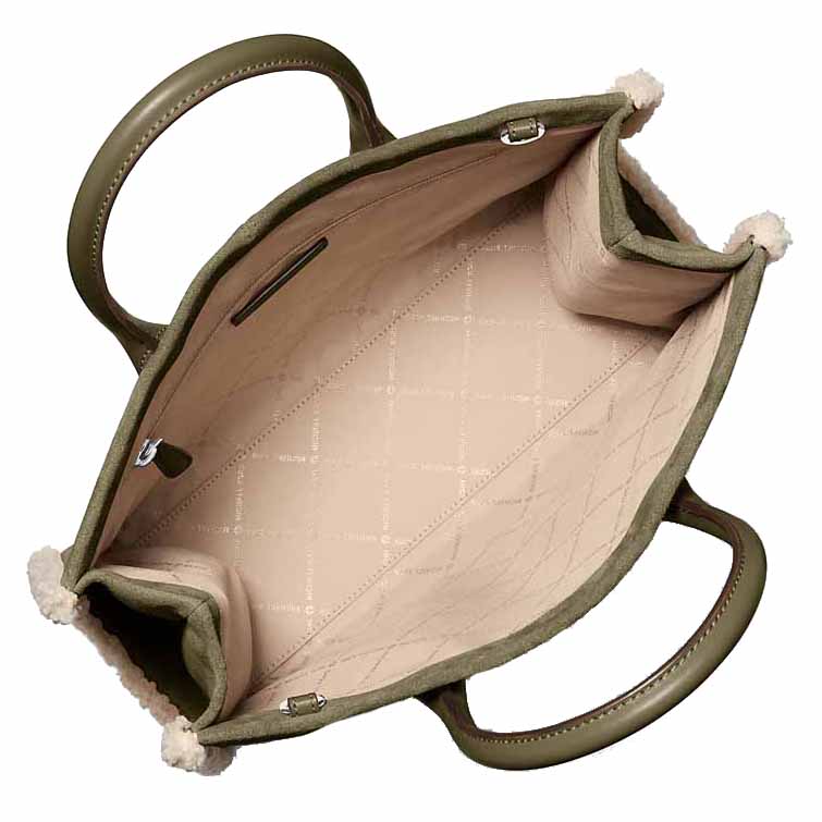 Michael Kors Mirella Medium Suede And Faux Shearling Tote Bag Olive Combo Dark Green # 35F5S7ZT2S