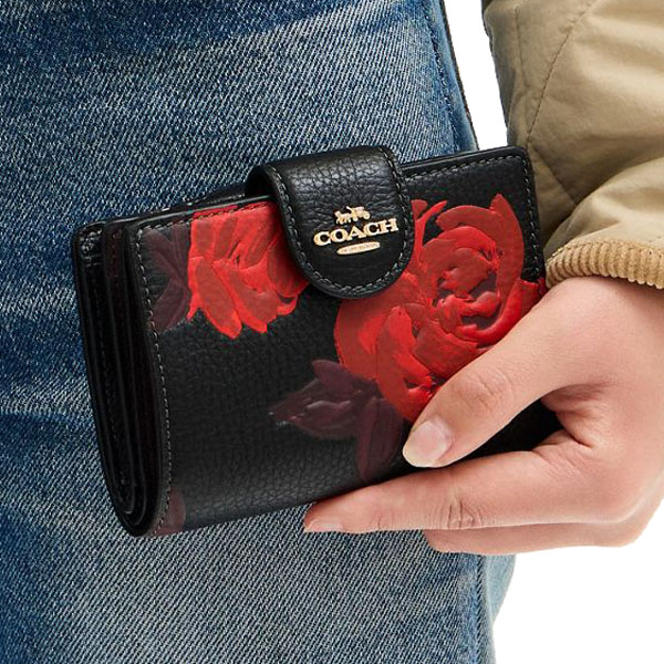 Coach Medium Corner Zip Wallet With Floral Print Black Red # CCL63
