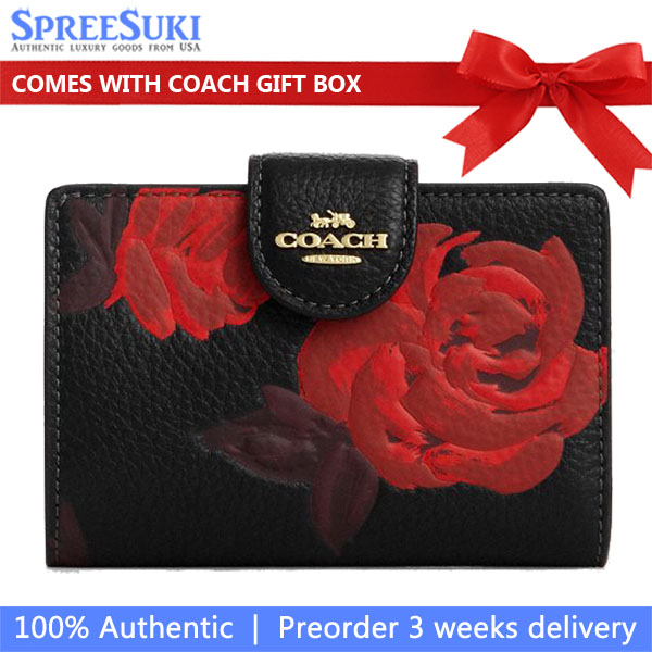 Coach Medium Corner Zip Wallet With Floral Print Black Red # CCL63