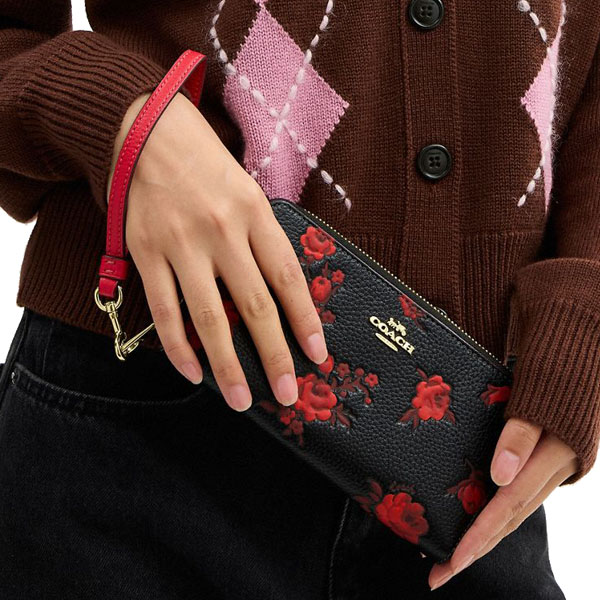 Coach Long Zip Around Wallet With Floral Print Black Red # CCL36