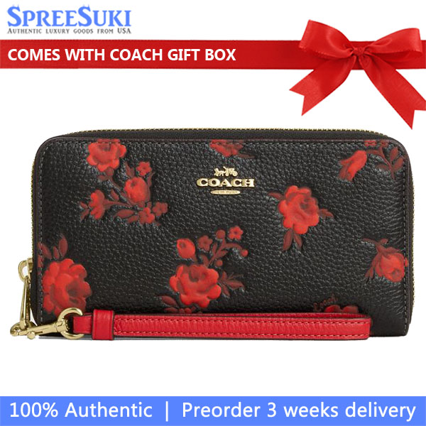 Coach Long Zip Around Wallet With Floral Print Black Red # CCL36