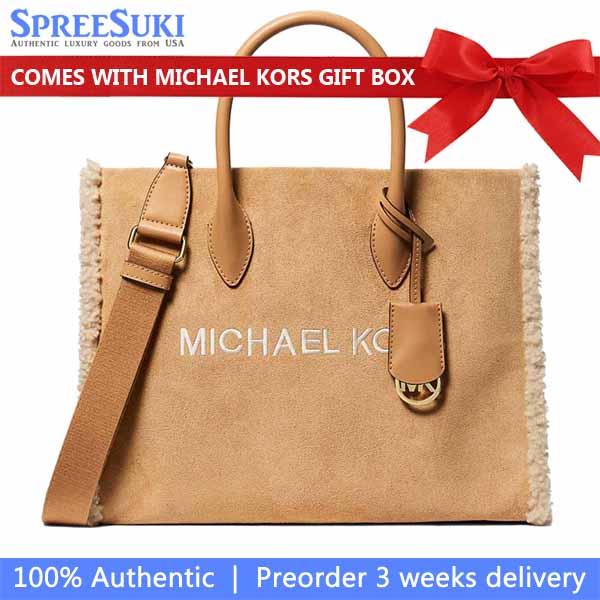 Michael Kors Mirella Medium Suede And Faux Shearling Tote Bag Peanut Light Brown # 35F5G7ZT2S