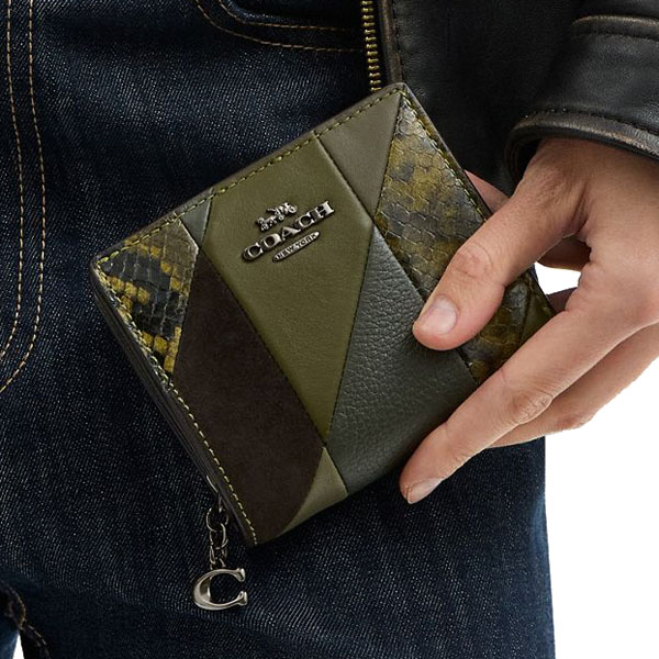 Coach Snap Wallet With Patchwork And Snake Print Gunmetal Olive Multi Dark Green # CCL77