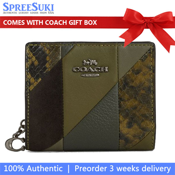 Coach Snap Wallet With Patchwork And Snake Print Gunmetal Olive Multi Dark Green # CCL77