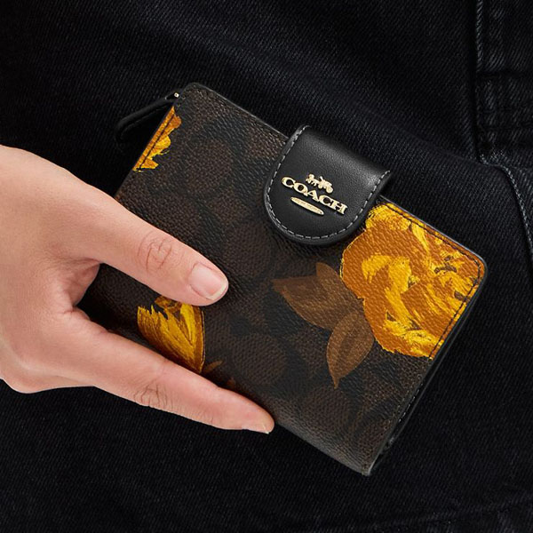 Coach Medium Corner Zip Wallet In Signature Canvas With Floral Print Gold Dark Brown # CCL69