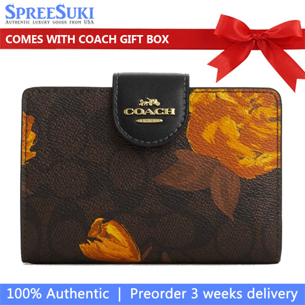 Coach Medium Corner Zip Wallet In Signature Canvas With Floral Print Gold Dark Brown # CCL69