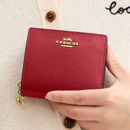 Coach Small Wallet Pebble Leather Snap Wallet True Red # C2862
